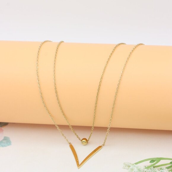 Layered Yellow Necklace with V-Shaped Pendant and Gold Bead, XPNL0370 - Picture 8 of 13